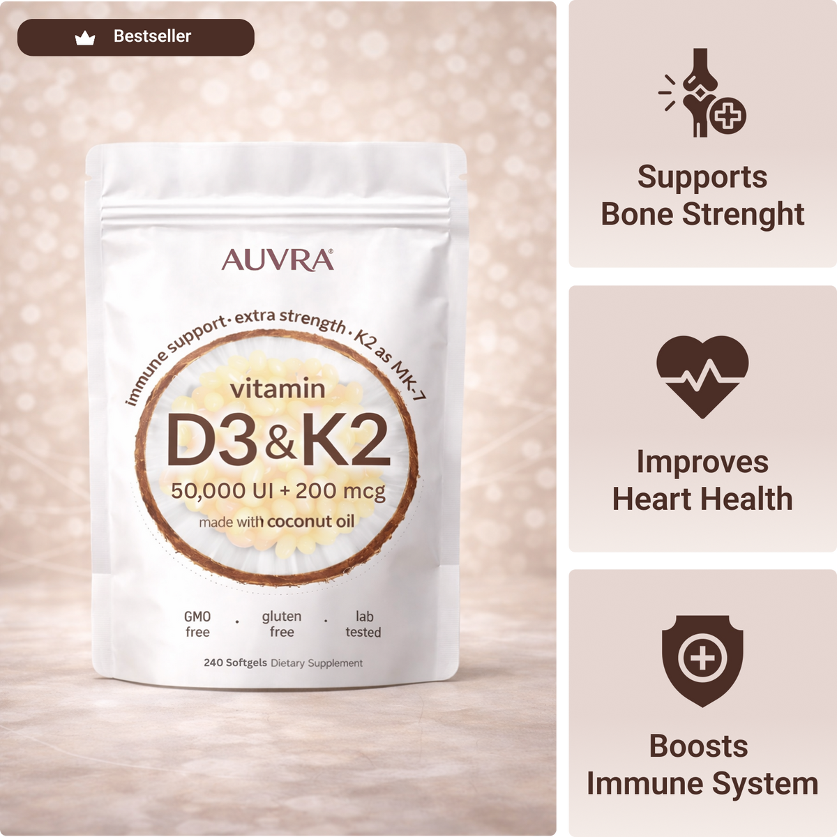 Vitamin D3 K2 Supplement Softgels