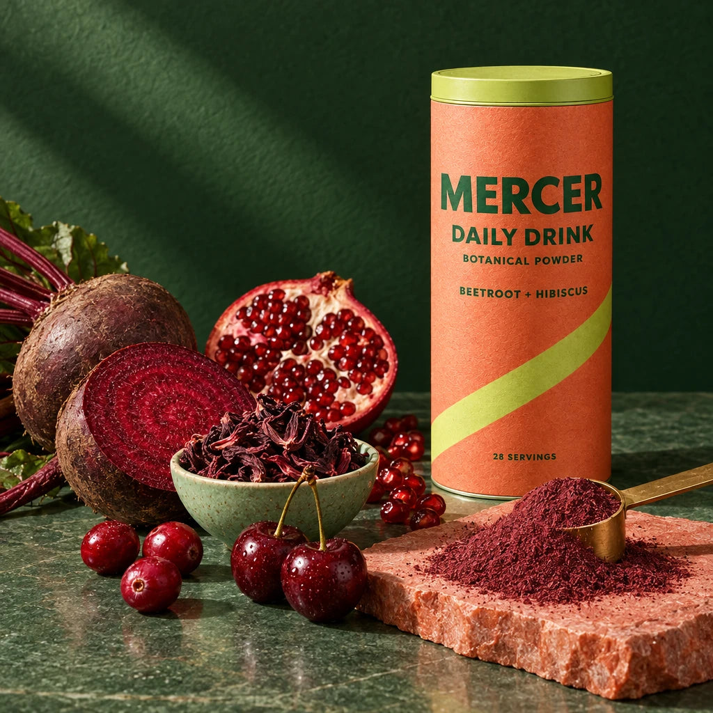 Beetroot, hibiscus and fruit beside the Mercer canister